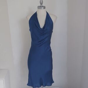 Young Fabulous & Broke Womens Satin Halter Cowl Neck Midi Dress Sz XS Blue Y2K